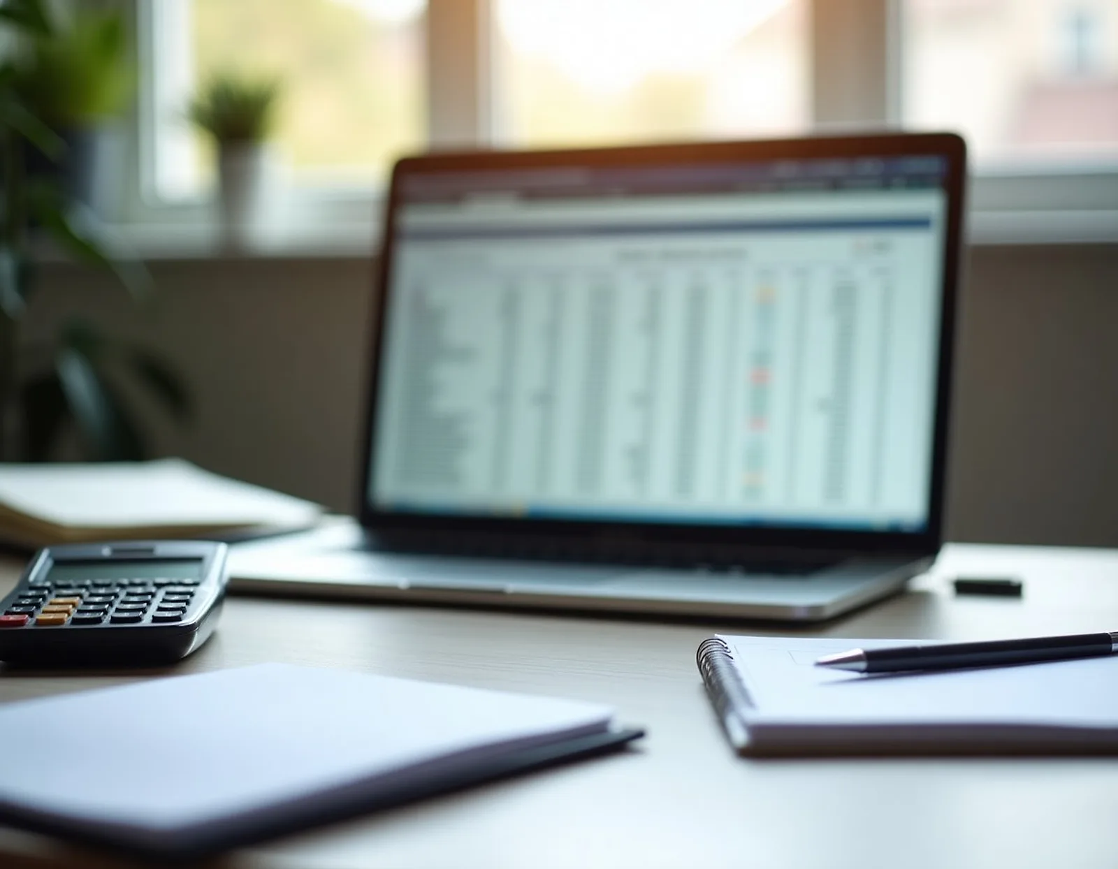 Desk with laptop and calculator